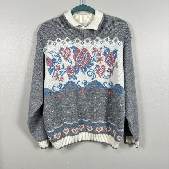 Vintage Cricket Lane Womens Large Knit Sweater Collar Floral 90's Grey - Picture 1 of 5